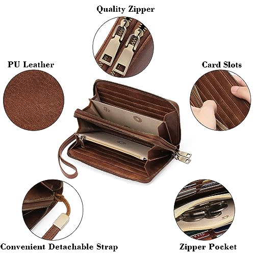 GAEKEAO RFID Leather Wristlet Wallet for Women with Grip Strap | Large capacity clutch wallet, credit card holder, wrist strap, zipper purse, travel and shopping - color: A01 Retro Brown Tan
