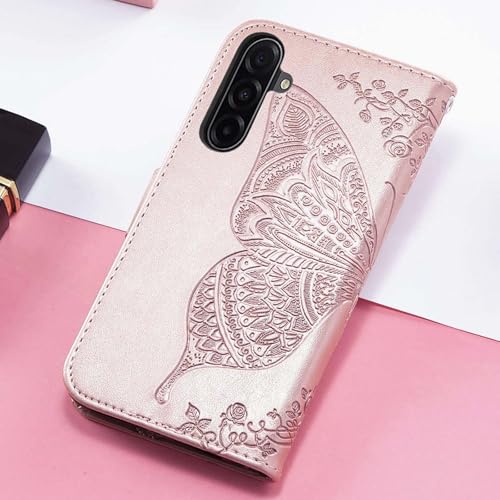 for Samsung Galaxy A17 5G Phone Case Wallet,Rose Gold | Butterfly Embossed PU Leather, Credit Card Holders, Wrist Strap, Magnetic Closure, Protective Purse Flip Cover for Women Men - color: Rose Gold