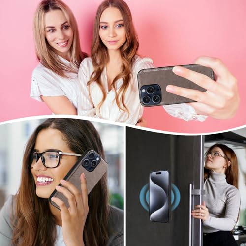 Asuwish Phone Case for iPhone 15 Pro 6.1 inch Zipper Wallet Magnetic Detachable Cell Cover with Tempered Glass Screen Protector Crossbody Strap Flower Credit Card Holder i Phone15 i15 15Pro Women Gray - color: Gray