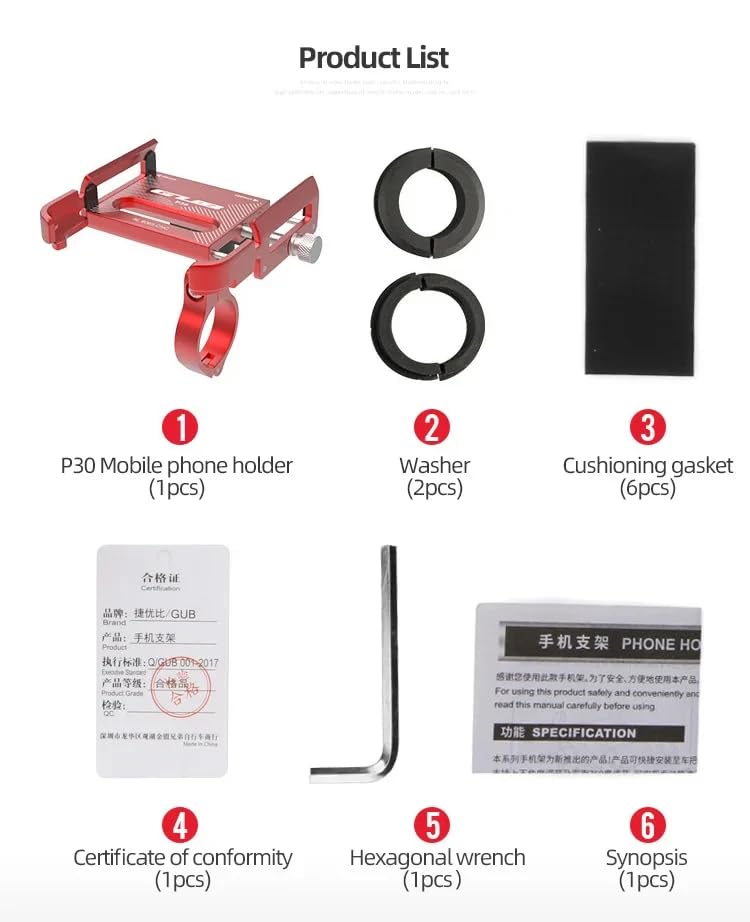 GUB P30 Aluminum Bike Phone Holder for 3.5" to 7.5" Device Bicycle Phone Stand Scooter Moto Mount Support Handlebar Clips - color: Red