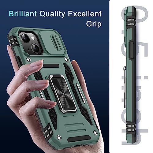 DEERLAMN Case for iPhone 13/iPhone 14 6.1-Inch with Slide Camera Cover+Screen Protector(2 Packs),Rotated Ring Kickstand Military Grade Shockproof Protective Cover-Green - color: Green