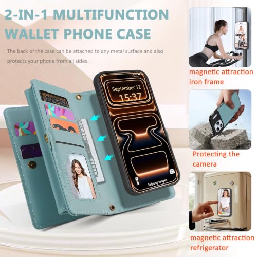 for iPhone 17 Pro Wallet Case, Detachable Magnetic Phone Case,Faux Leather Strap Wallet,with RFID Blocking,Zipper Card Holder,Shoulder Straps (Blue) - color: Blue, size: iPhone 17 Pro