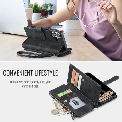 Compatible with iPhone 17 Wallet Case with Card Holder Kickstand Magnetic Zipper Pocket Lanyard Strap Wristlet,Leather Flip Case Wallet for iPhone 17 6.3 Inch (Black) - color: Black, size: iPhone 17 6.3 Inch