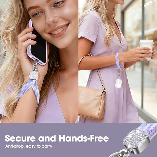 Elastic Phone Lanyard with Phone Tabs, Stretchy Braided Cellphone Wrist Strap and Keys Keychain - color: Bling Purple