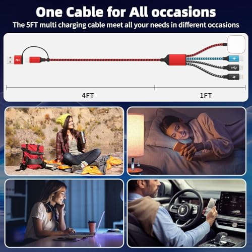 Travel Essentials Dual IP 4in2 Multi Charging Cable for iWatch Charger,2PK - color: Dark Red&Black&Light Blue, size: AC to 2C+L+iWatch