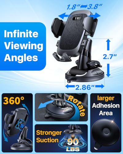 Military-Grade Anti-Shake & 360° Rotatable Suction 2026 Upgraded Car Phone Holder Mount 90+LBS Safest Strongest & Patent Certs Dashboard Windshield Vent for iPhone 18 Pro Max 17 16 Samsung, Matt Black