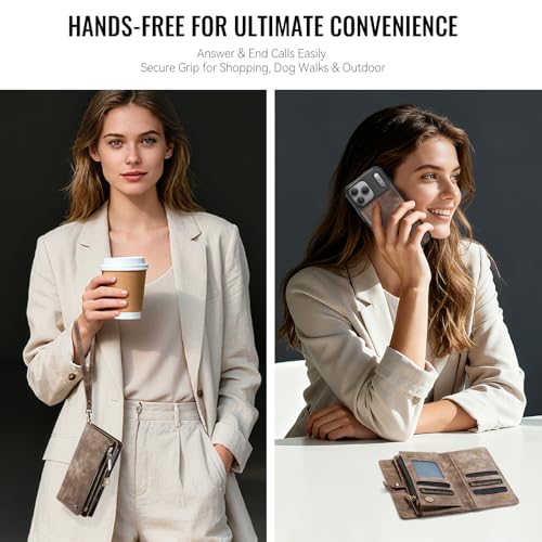 Compatible with iPhone 17 Pro Wallet Case with Magsafe with Zipper & Card Holder Strap Wristlet Detachable Magnetic Protective Back Case for iPhone 17 Pro 5G 6.3 Inch (Brown) - color: (Detachable and Magsafe)-Brown, size: iPhone 17 Pro 6.3 Inch