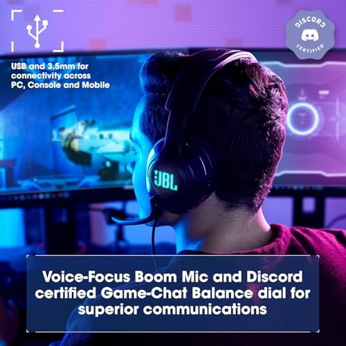 JBL Quantum 400 - Wired over-ear gaming headset with game-chat balance dial, JBL QuantumSURROUND and DTS, Voice focus directional flip-up mic and memory foam ear cushions (Black) - size: One Size