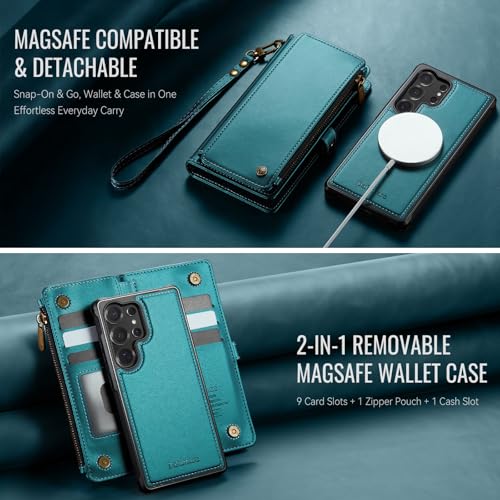 Defencase for Galaxy S23 Ultra Case Wallet Compatible with Magsafe, Green | Magnetic Detachable, RFID Bolcking Card Holder, Zipper Strap, PU Leather Drop-Proof Phone Cover for Samsung Galaxy S23 Ultra - color: (Detachable with Magsafe)-Blue Green