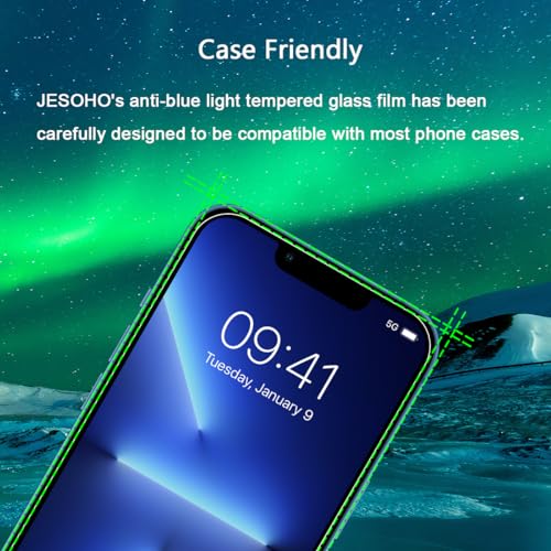 JESOHO Blue Light Screen Protector for iPhone 13/13 Pro/14/16e/17e 6.1 inch | 2 Pack Blue Light Blocking Tempered Glass Film, Eye Protection, Case Friendly, No Bubble,with Easy Installation Kit - size: iPhone 14 & iPhone 13/13 Pro (6.1 inches)