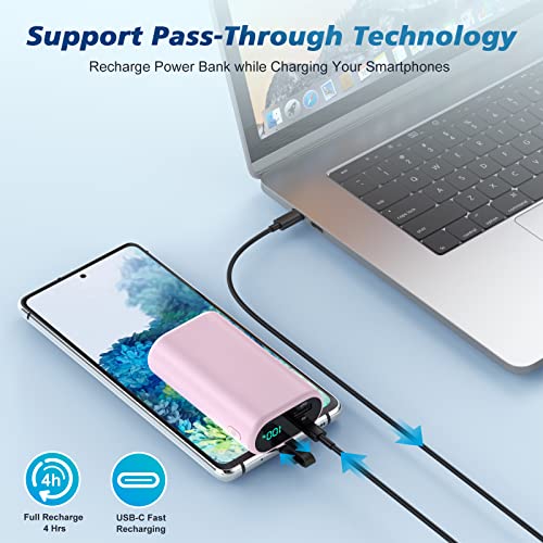 Small Portable Charger 10800mAh with Built-in USB-C Cable, Mini PD 3A Fast Charging Power Bank, Ultra-Compact LCD Display Battery Pack Compatible with Samsung Galaxy S22/S21/S10/S9,Note,Moto,LG-Pink