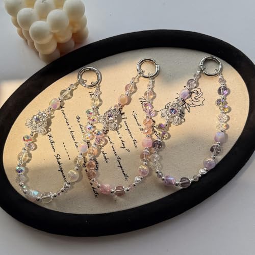 Rhinestone Bead Phone Charm for Women, Butterfly Bow Beaded Wrist Strap Lanyard with Tether Tab – Anti-Theft Hands-Free Detachable Phone Chain Wristlet - color: Pumpkin Carriage Pink