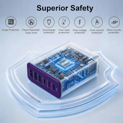 165W Charging Station, 6 Port Desktop Charger, 3 Ports 40W Purple - color: Purple