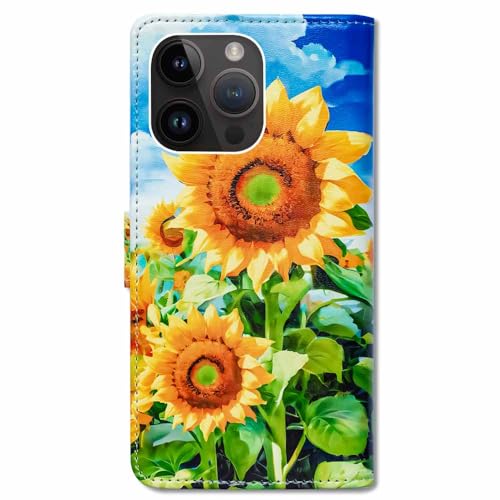 RFID Safe Case for iPhone 15 Pro Max,RFID Blocking,Sunflower Blue Sky Leather Flip Phone Case Wallet Cover with Card Slot Holder Kickstand for iPhone 15 Pro Max - color: Sunflower Blue Sky