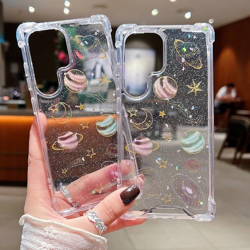 Changjia for Samsung Galaxy S26 Plus Clear Glitter Case, Cute Bling Sparkle Planet Space Stars Moon Universe Pattern Soft TPU Silicone Shockproof Women Girls Protective Case for Galaxy S26 Plus, Clear - size: for Samsung Galaxy S26 Plus 6.7"