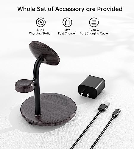3 in 1 Magnetic Wireless Charging Station for Apple Devices,15W for Magsafe - color: Black Woodgrain