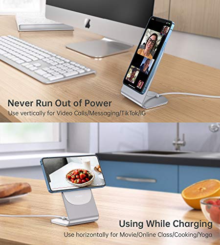 Magnetic Wireless Charger for iPhone Duo/18/17/16/15/14/13/12 - Mag Charger+20W USB C Adapter, Aluminum Fast Wireless Charging Stand/Pad with 5ft USB-C Cable for iPhone 18/17/16/15/14/13/12, Airpod - color: silver