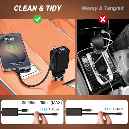 Retractable Car Phone Charger USB C Car Plug for Samsung S26 Ultra S26 Plus