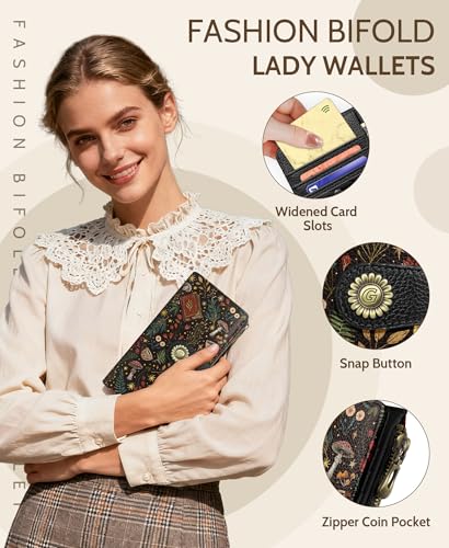 GIANCOMICS Book Mushroom Womens Wallet RFID, Goth Credit Card Holder Bifold | Billfold, Cute Cash Purse, Travel Zipper Coin Pocket, Compact Clutch, PU Leather, ID Window, 11 Card Slots, Ladies Gift Woman - color: Books and Mushrooms