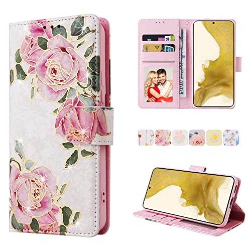 UEEBAI Wallet Case for Samsung Galaxy S23 5G, PU Leather Phone Case Kickstand RFID Blocking Flip Case Card Slots Wrist Strap Relief Engraved Pattern Magnetic Closure Flower Folio Case, White Rose - color: White Rose, size: Samsung Galaxy S23 5G