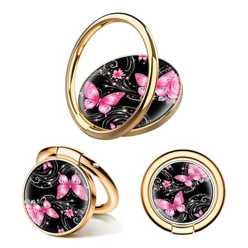 Cell Phone Ring Holder, Cute Phone Ring Grip Stand, 360°Rotation Funny Metal Kickstand Finger Grip Pink Black Butterfly - color: Pink Black Butterfly