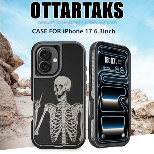 for iPhone 17 Case with Screen Protector Rock and Roll Skeleton Cool Design, Full Body Rugged Heavy Duty Shockproof Protective Phone Case for iPhone 17, Gothic Skull - color: Gray Black