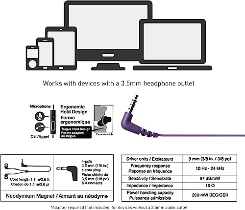 Panasonic ErgoFit Wired Earbuds with Microphone, 3.5mm Jack Headphones with Mic and Call Controller, Ergonomic Custom-Fit Earpieces (S/M/L), for Phones and Laptops - RP-TCM125-VA (Metallic Purple) - color: Metallic Purple, size: S/M/L, style: With Mic