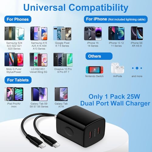 Charger Block 25W USB C Android Wall Charger Box 2 Port Super Fast Charging - color: Black