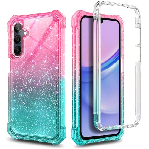 Compatible with Samsung Galaxy A15-5G Phone Case Glitter Pink/Aqua | Full-Body Protective Shockproof Bumper Cover with Tempered Glass Screen Protector, 12FT Military Grade Drop Tested - color: Glitter Pink/Aqua, size: Samsung Galaxy A15-5G