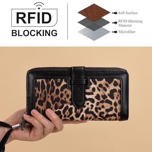 X Wrangler Women's Wallets Bifold Wristlet Wallets for Women Large Capacity Credit Card Wallet with ID Window - color: Leopard Black