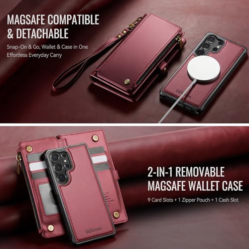 Defencase for Galaxy S23 Ultra Case Wallet Compatible with Magsafe, WineRed | Magnetic Detachable, RFID Bolcking Card Holder, Zipper Strap, PU Leather Drop-Proof Phone Cover for Samsung Galaxy S23 Ultra - color: (Detachable with Magsafe)-Wine Red