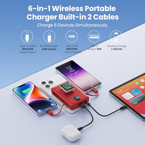 Magnetic Portable Charger 10800mAh with Built-in Cables,Wireless Power Bank for Magsafe,25W PD Fast Charging USB-C Travel Essentials Battery Pack for iPhone 17/16/15/14/13/12 Series,Apple Watch-Red - color: Red
