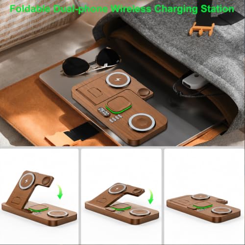 Dual Phone Foldable Wireless Charging Station for Apple, Couple&Family Use - color: Woodgrain