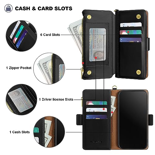 Antsturdy for iPhone 13 Pro Phone Wallet Case Women,Black | RFID Blocking,with Credit Card Holder Slots,PU Leather Purse,Zipper Pocket,Wrist Strap Kickstand,Flip Folio Cover for Men - color: A-Black