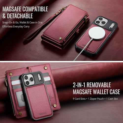 Defencase for iPhone 17 Pro Max Case Wallet Compatible with Magsafe, W-Red | Drop-Proof Magnetic Detachable Phone Cases Cover, with RFID Bolcking Card Holder, Zipper Strap, PU Leather, Removable Wallet - color: (Detachable with Magsafe)-Wine Red