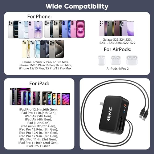 4 in 1 Retractable Wall Charger Dual USB C Cable Plug,45W USBC Fast Retractable iPhone Charger Foldable Block Dual Port(USB C+USB A) with Dual USB C Cable Fast Charger for iPhone 17/16/15,iPad Pro/Air