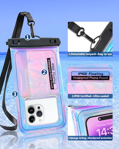 Floating Waterproof Phone Pouch - Dazzling Purple, Up to 7.5" | Touchscreen, IP68 Waterproof Phone Case, Adjustable Lanyard, Fits All Phones - Kayak Beach Cruise Ship Travel Essentials - color: Dazzling Purple