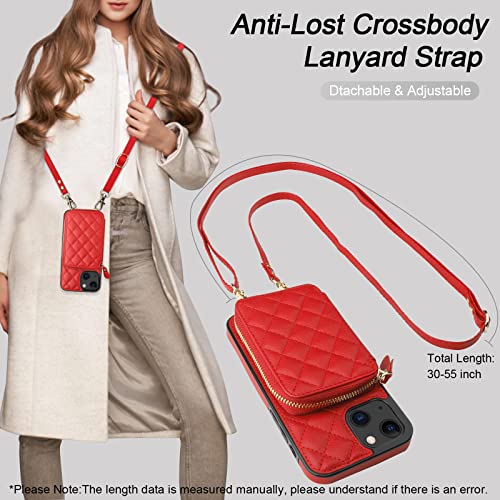 Bocasal Crossbody Wallet Case Card Holder for iPhone 13, Red | RFID Blocking PU Leather Zipper Handbag Purse, Kickstand Flip Folio Case with Card Slots Holder Wrist Strap Lanyard 6.1 Inch - color: Red