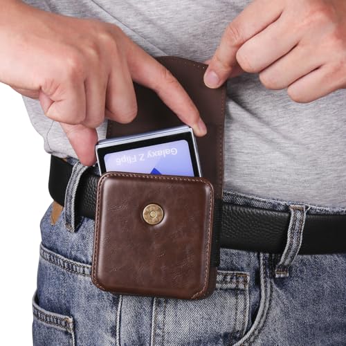 Galaxy Z Flip 5G Waist Belt Bag Leather, Mobile Phone Holster Wear Belt Waist Pack Leather Case with Belt Loop Compatible with Samsung Galaxy Z Flip 7 6 5 4 3 5G (SM-F700 SM-F707 SM-F711) Moto RAZR - color: Coffee