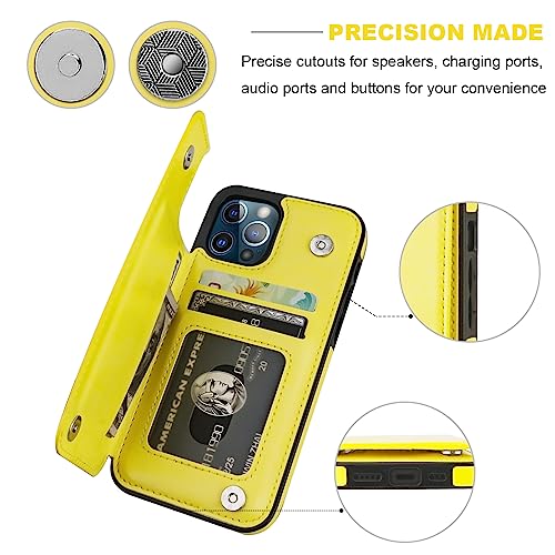 ONETOP for iPhone 12 & iPhone 12 Pro Wallet Case with Card Holder,Yellow | Kickstand,ID/Cash Holder,Case Wallet with Card Slots,Double Magnetic Clasp,Durable PU Leather Shockproof Cover for Women Men - color: Yellow