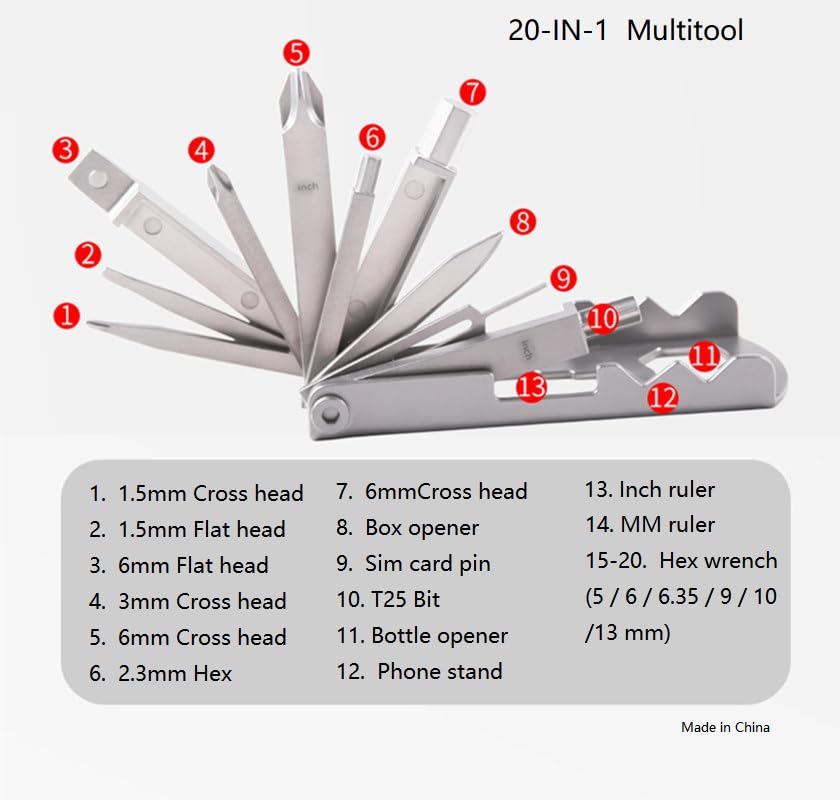 20-in-1 Multitool Card, Stainless Steel, Pocket Size, with Screwdrivers, Bottle Opener, Phone Stand, Hex Wrench, Rulers, SIM Card Pin