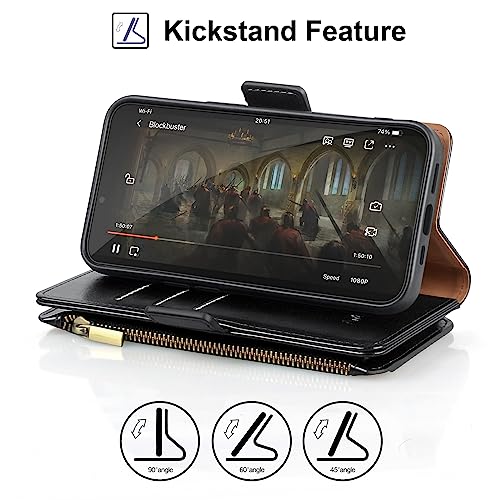 Antsturdy for iPhone 14 Plus Phone Wallet Case Women,Black | RFID Blocking,with Credit Card Holder Slots,PU Leather Purse,Zipper Pocket,Wrist Strap Kickstand,Flip Folio Cover for Men - color: A-Black