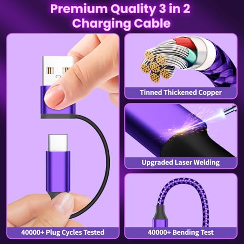 Travel Essentials 3-in-2 Multi Charging Cable for Apple Watch Charger, 5FT - color: Dark Purple&Black, size: AC to C+L+iWatch