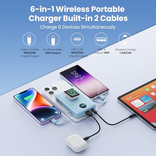 Magnetic Portable Charger 10800mAh with Built-in Cables,Wireless Power Bank,25W PD Fast Charging USB-C Travel Essentials Battery Pack for iPhone 17/16/15/14/13/12 Series,Apple Watch-Light Blue - color: Light Blue