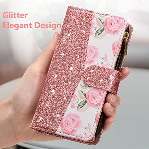 UEEBAI Wallet Case for Samsung Galaxy S24 Plus/S25 Plus 5G, PU Leather Wallet Magnetic Closure Handbag Zipper Pocket Cover Kickstand Card Slots with Hand Strap Rose Flip Case Women - Bling Rose Gold - color: Bling Rose Gold, size: Samsung Galaxy S24 Plus/