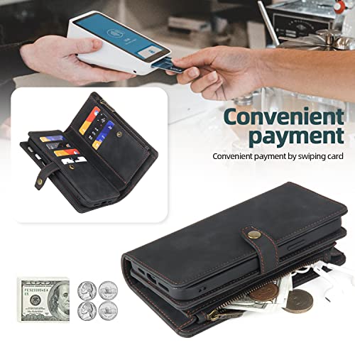 TwoHead for iPhone 11 Wallet case with 11 Card Holder (Black) | Detachable Magnetic Phone Case, PU Leather Wallet for Women/Men,Wireless Charging Compatible,with Wrist Strap - color: Black