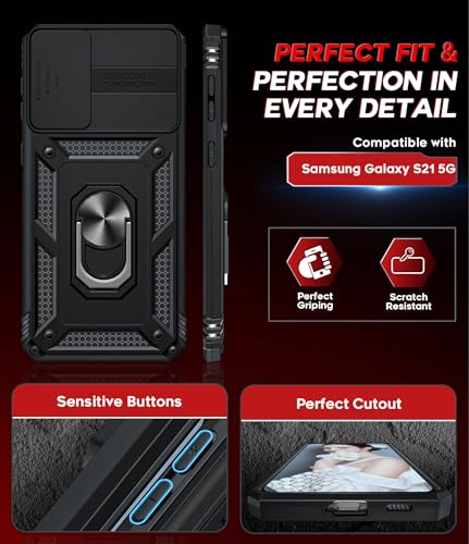 LeYi for Samsung-Galaxy S21 Phone Case: with Slide Camera Cover | Rugged Shockproof Cell Android Samsung S21 Case Cover Funda Magnetic Stand S 21 21S 5G, Black - color: TC Black, size: S21 5G 6.2inch