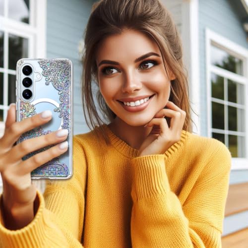 Magnetic for Samsung Galaxy S26 Plus Case, Compatible with MagSafe, Cute for Women Girls, 10FT Military Grade Protective Cover for Galaxy S26 Plus Case Glitter, Clear Bling Lace Mandala - size: 6.7 inch (for Galaxy S26 Plus)