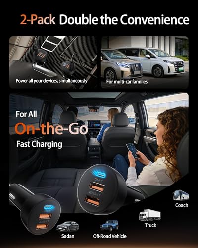 USB C Car Charger, 2 Pack 70W Fast Charging Cigarette Lighter USB Charger