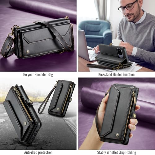 for Google Pixel 10a 6.3" Case, Women Men Multi-Function Wallet Case with Stand RFID Blocking Includes Shoulder Strap Wrist Strap Google Pixel 10a (Black) - color: Black